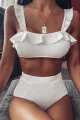 White Ribbed Ruffle Bandeau Bikini Top