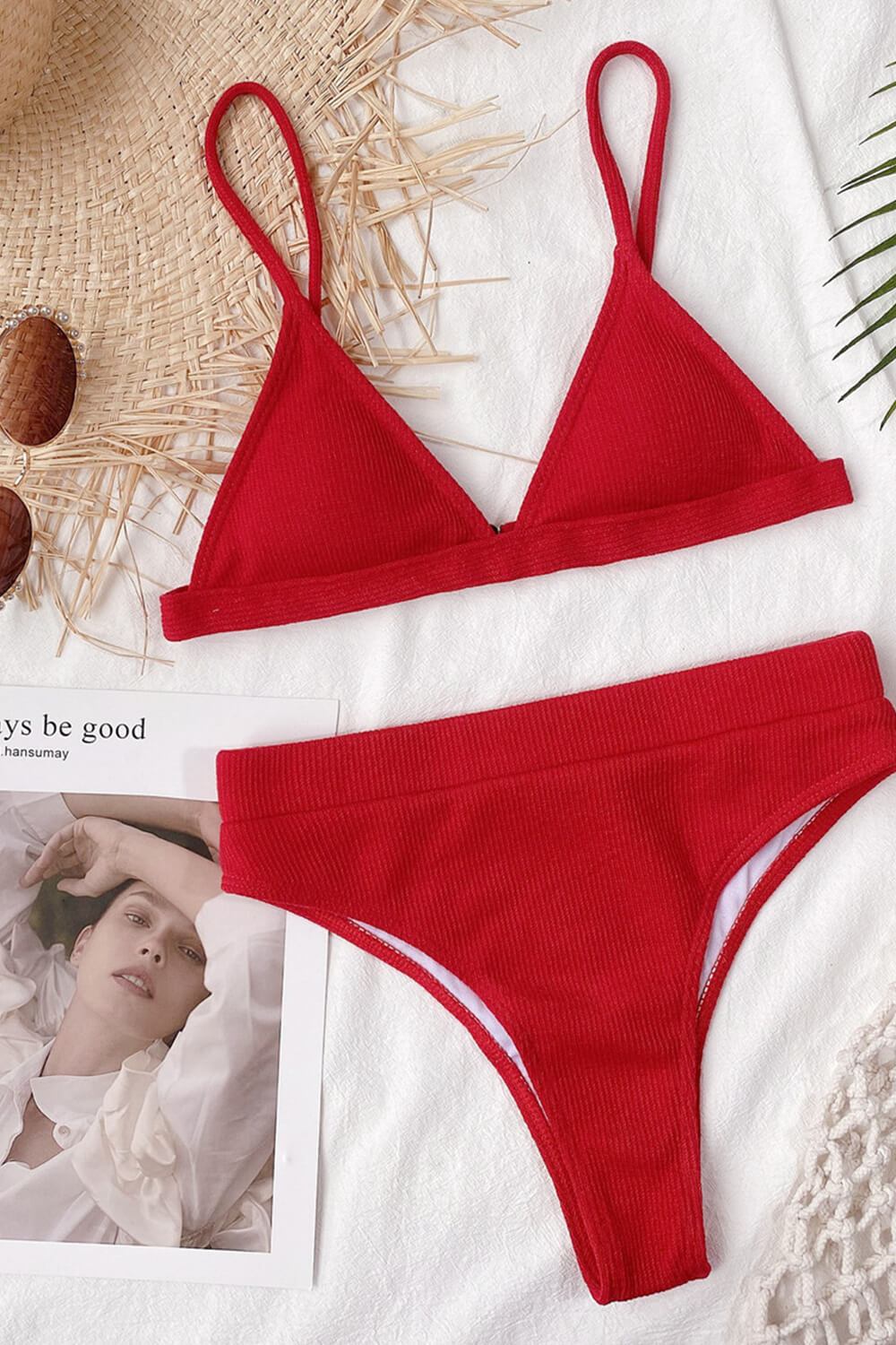 Red Ribbed High-Waisted Bikini Bottom