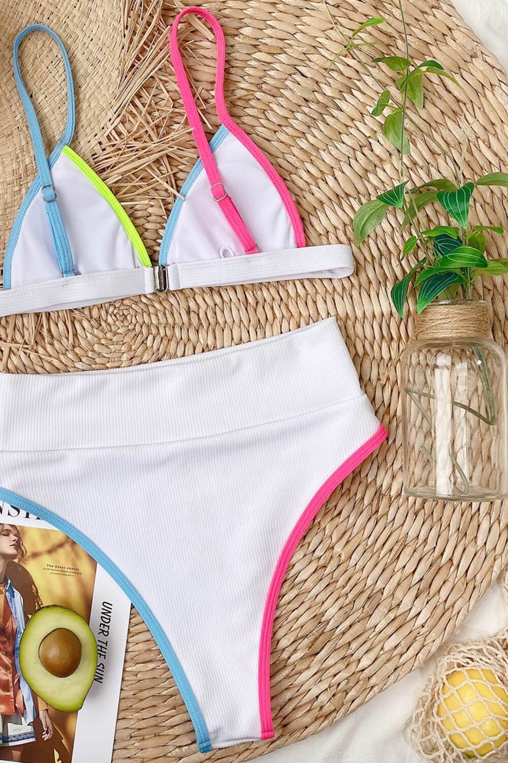 Pink Blue Yellow Colorblock Rib Triangle Bikini Top