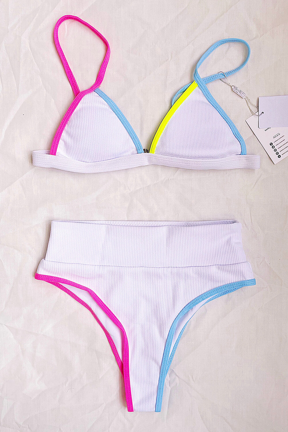 Pink Blue Yellow Colorblock Rib Triangle Bikini Top
