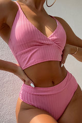 Pink Textured Long Line Plunge Bikini Top
