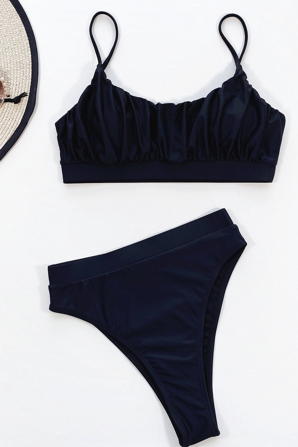 Black Ruched Scoop-Neck Crop Bikini Top