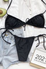 Black Gathered Edge Tie Front Triangle Bikini Top