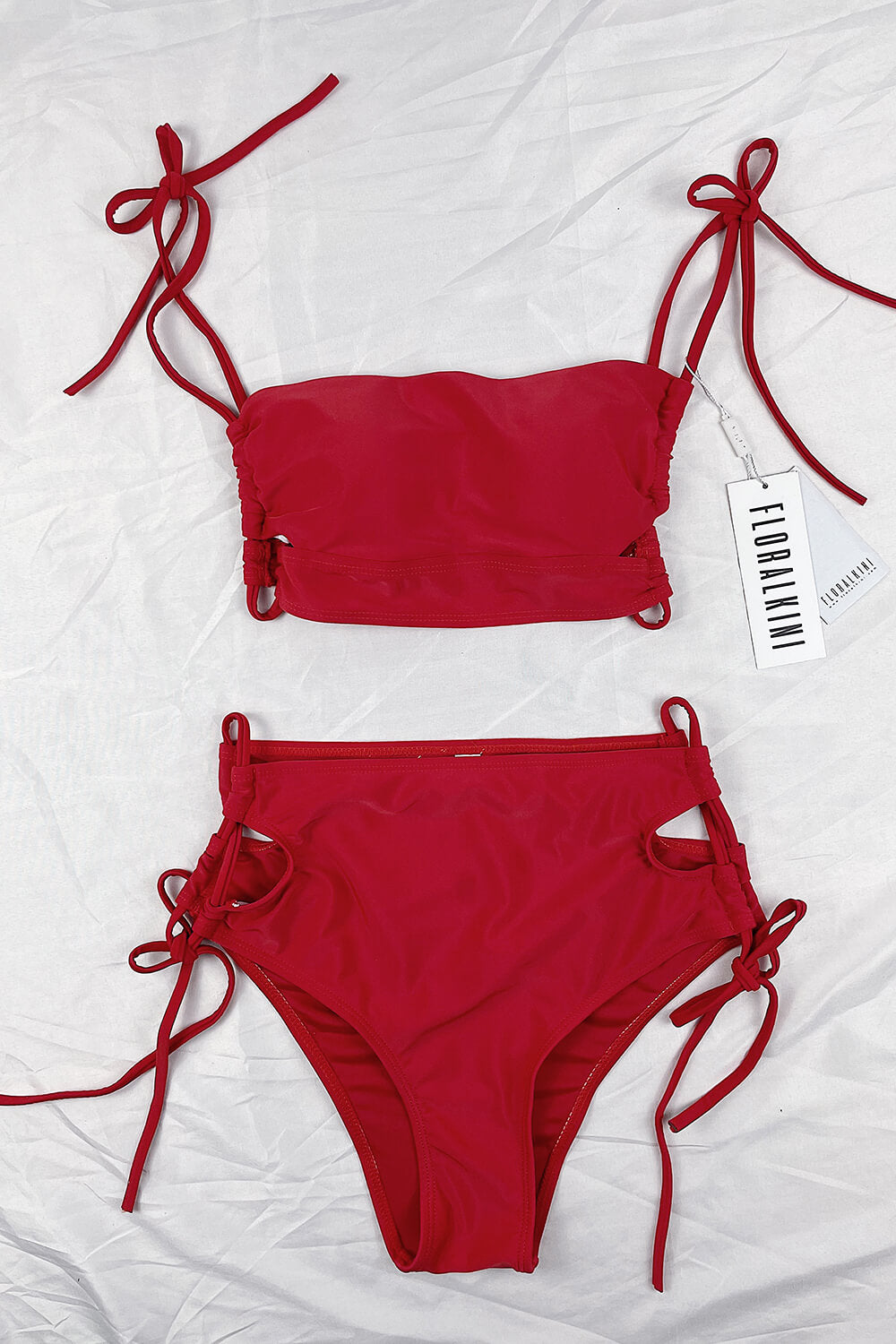 Red Lattice Side High Waisted Bikini Bottoms