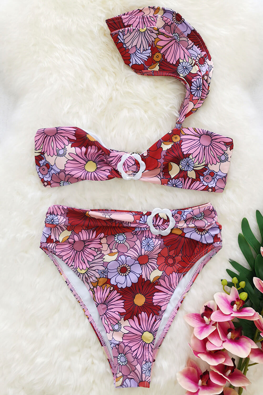 Marsala Floral Ruffle One Shoulder Bikini Top With Flower Buckle Detail