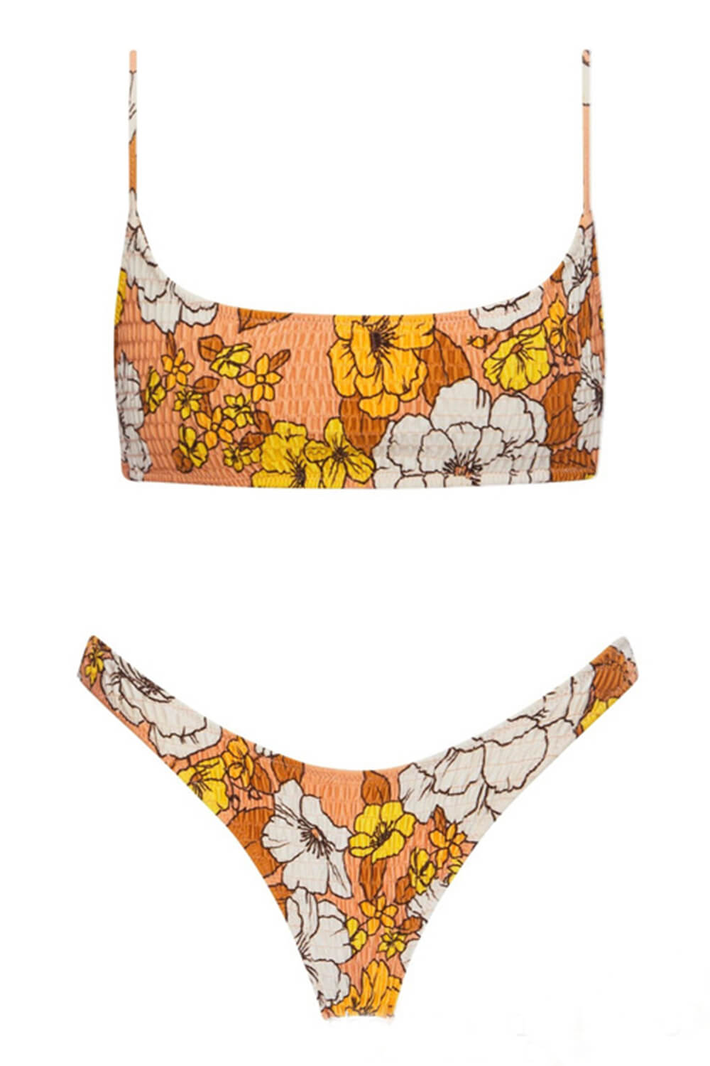 Chocolate Floral Ruched Scoop Crop Bikini Top