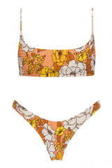 Chocolate Floral Ruched Scoop Crop Bikini Top
