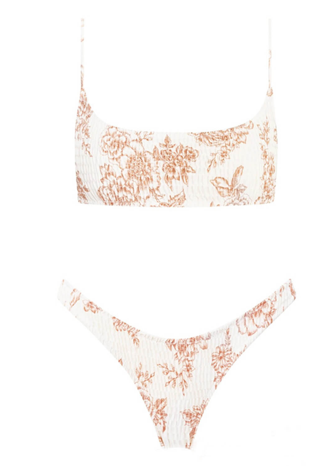 Tan Floral Ruched High Leg Bikini Bottom