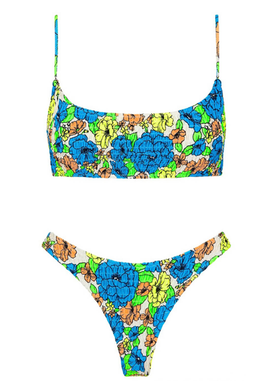 Medium Blue Floral Ruched High Leg Bikini Bottom
