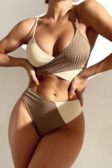 Beige Rib Colorblock High-Waist Bikini Bottoms