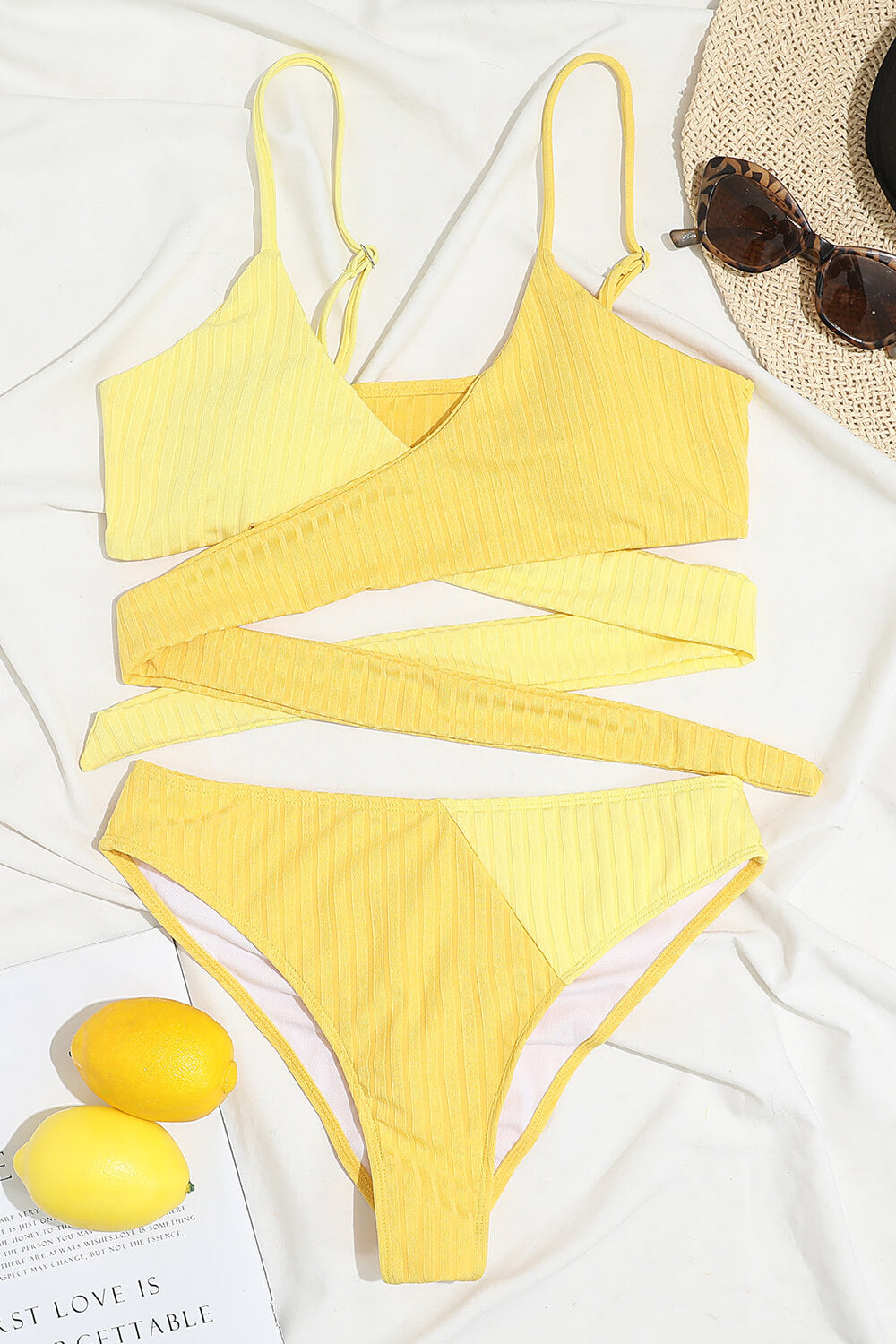 Yellow Rib Colorblock High-Waist Bikini Bottoms