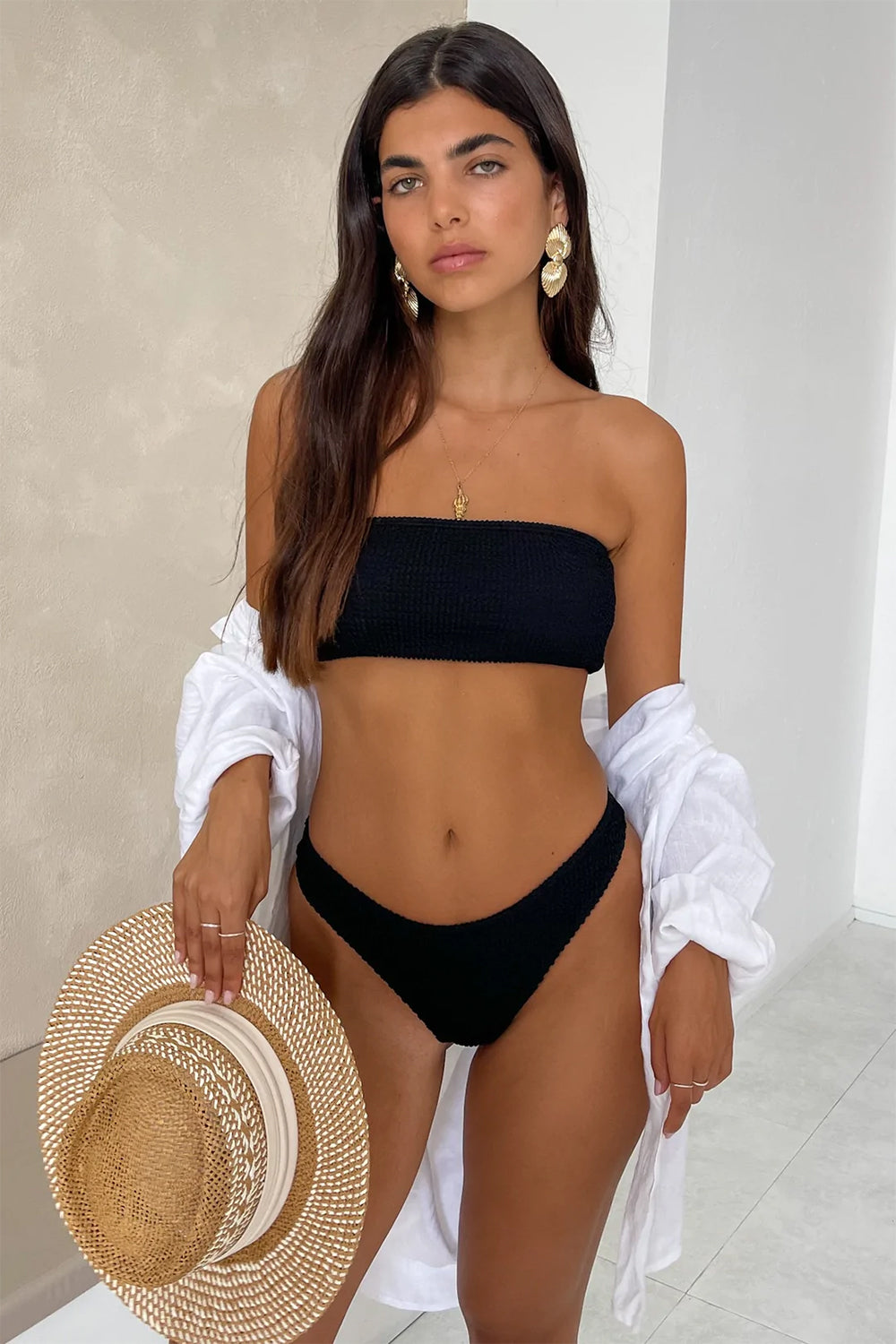 Black Crinkle Bandeau Bikini Top