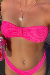 Hot Pink Crinkle Bandeau Bow Bikini Top