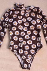 Daisy Print Long Sleeve One Piece Swimsuit