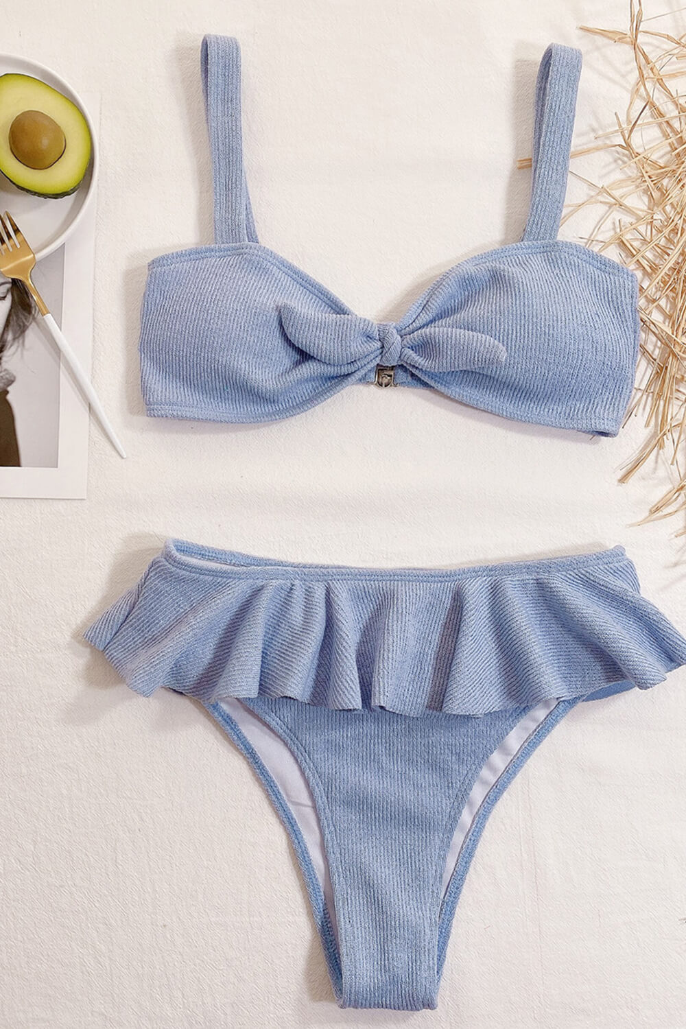 Light Blue Ribbed Front Tie Knot Bralette Bikini Top