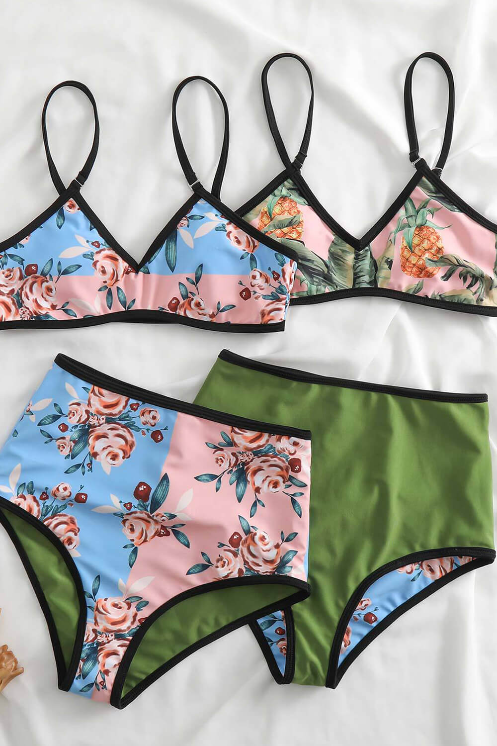 Floral & Pineapple Print V-Neck Reversible High-Waist Bikini Set