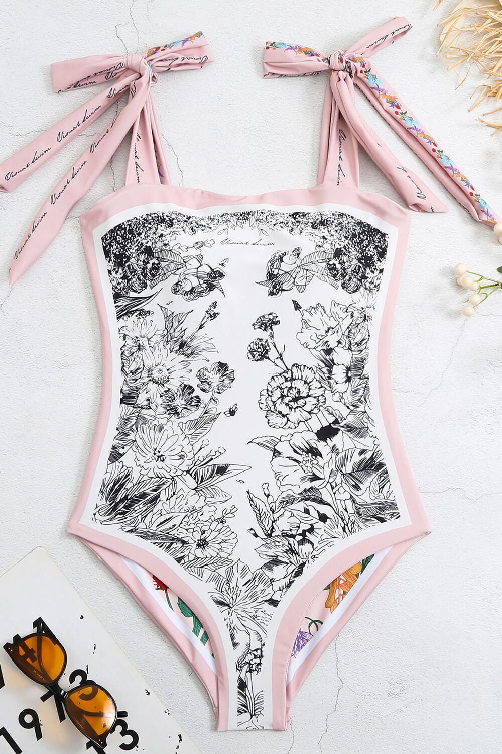 Vintage Taupe Floral Print Reversible Tie-Shoulder One Piece Swimsuit