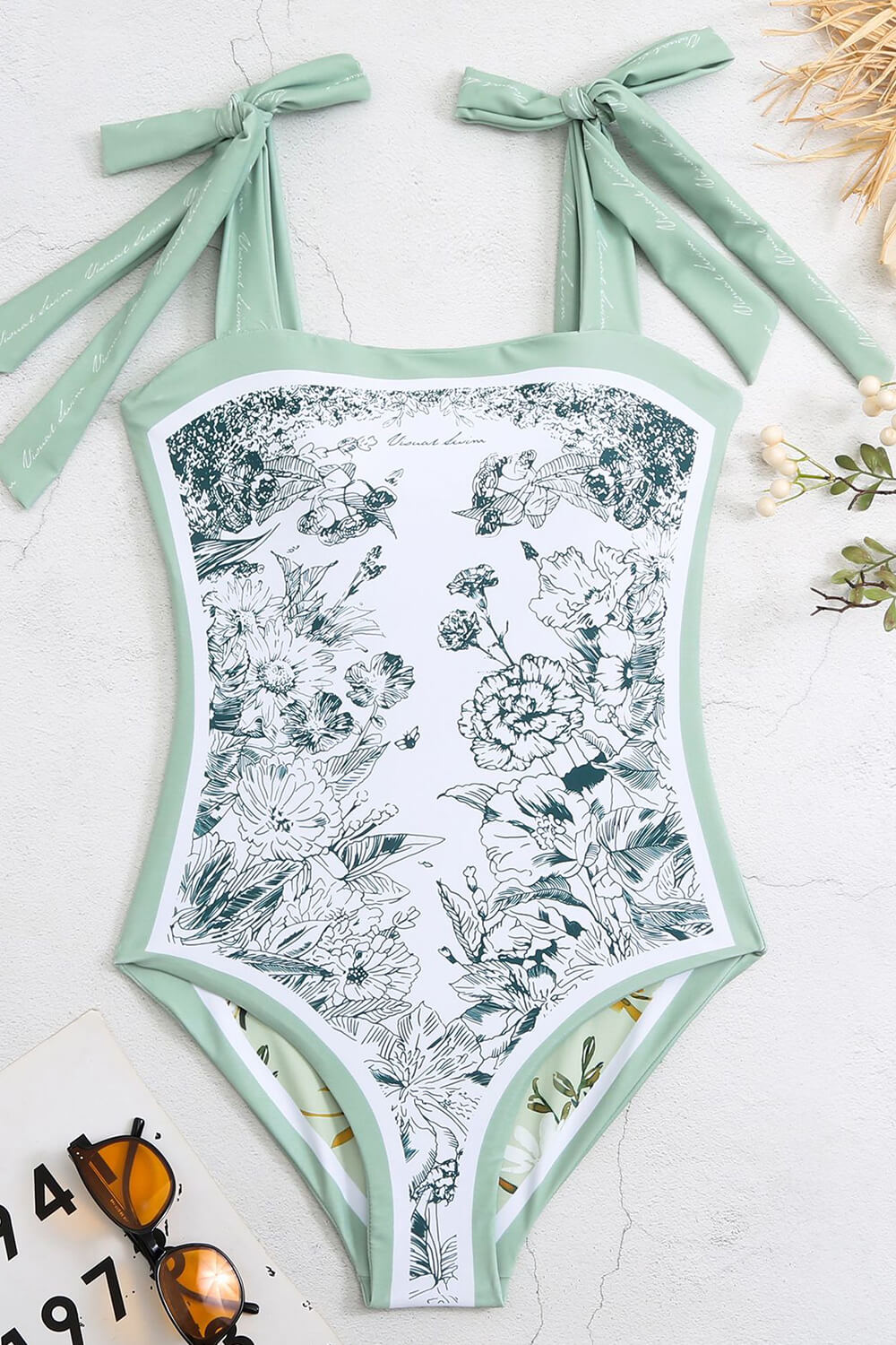 Spring Green Floral Print Reversible Tie-Shoulder One Piece Swimsuit
