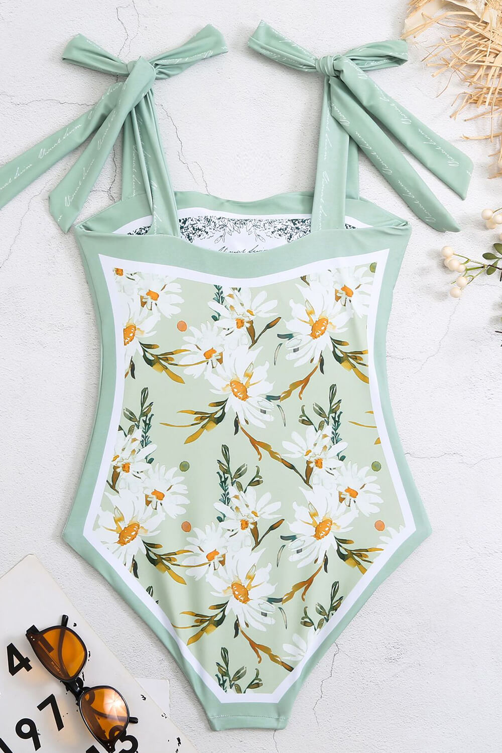 Spring Green Floral Print Reversible Tie-Shoulder One Piece Swimsuit