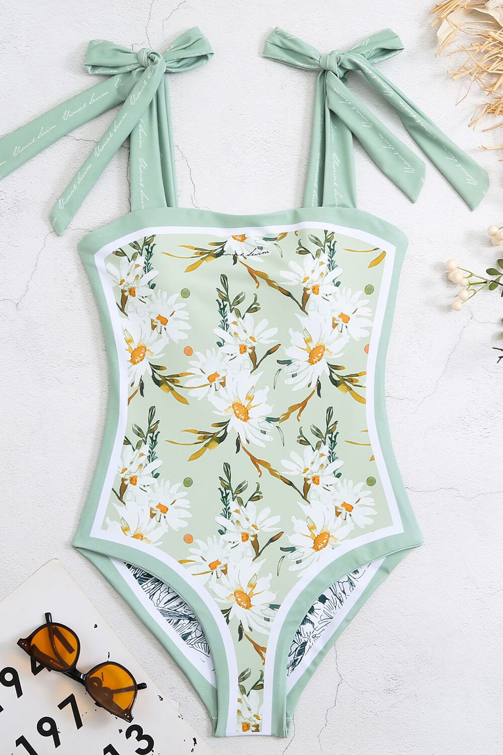 Spring Green Floral Print Reversible Tie-Shoulder One Piece Swimsuit