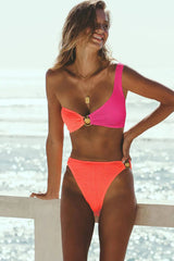 Color Block Crinkle One Shoulder High Waisted Bikini Set With Gold Shell Detail - Blue & Mint/Lime & Yellow/Black/Hot Pink & Blue/Coral & Hot Pink