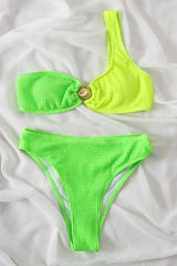 Color Block Crinkle One Shoulder High Waisted Bikini Set With Gold Shell Detail - Blue & Mint/Lime & Yellow/Black/Hot Pink & Blue/Coral & Hot Pink