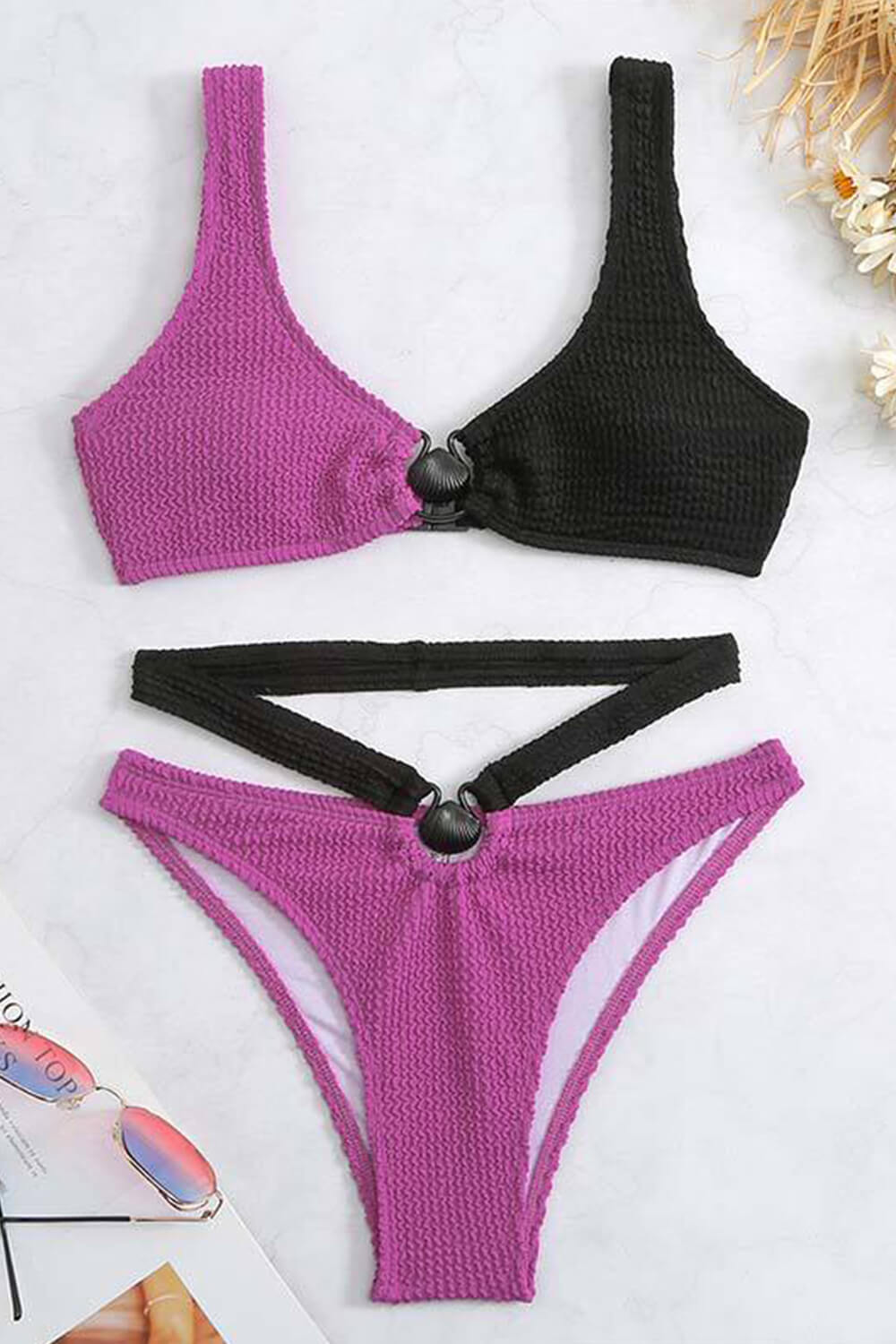 Color Block Crop Crinkle Strap High Leg Bikini Set With Gold Shell Detail