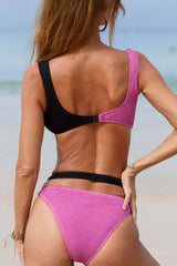 Color Block Crop Crinkle Strap High Leg Bikini Set With Gold Shell Detail