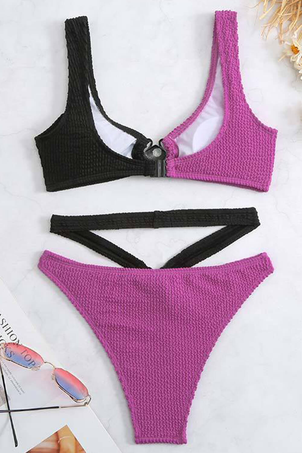 Color Block Crop Crinkle Strap High Leg Bikini Set With Gold Shell Detail