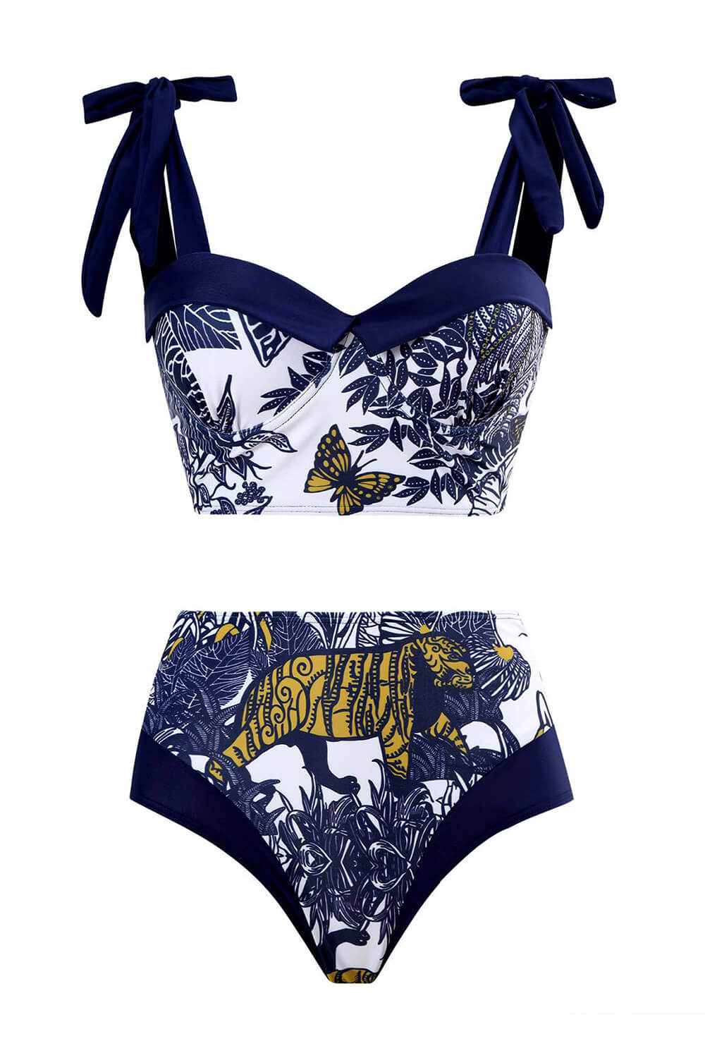 Tiger Print Sweetheart Tie-Shoulder Underwired High Waisted Bikini Set