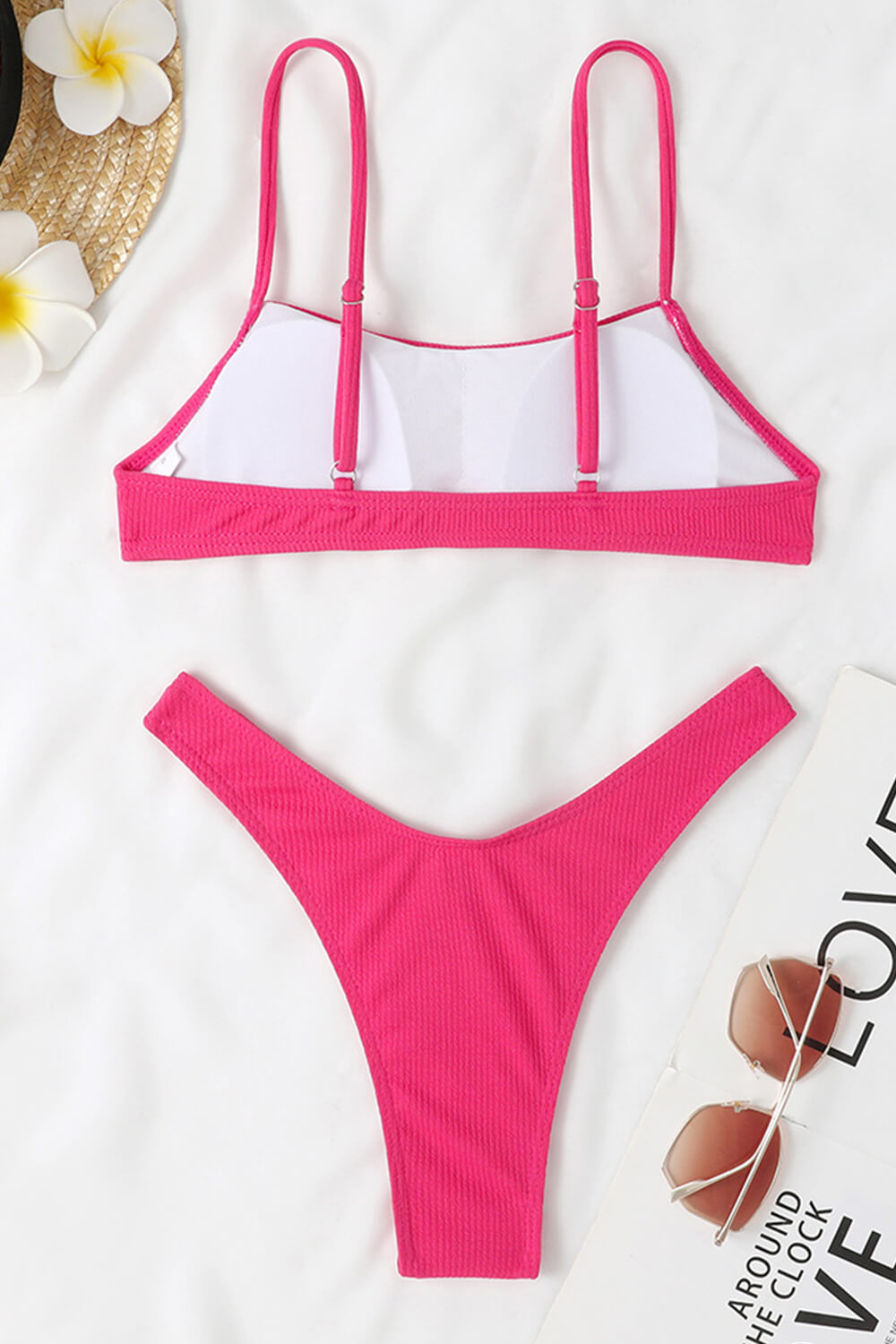 Ribbed Scoop High-Leg Cheeky Bikini Set - Hot Pink/Yellow/Jade Green/Red