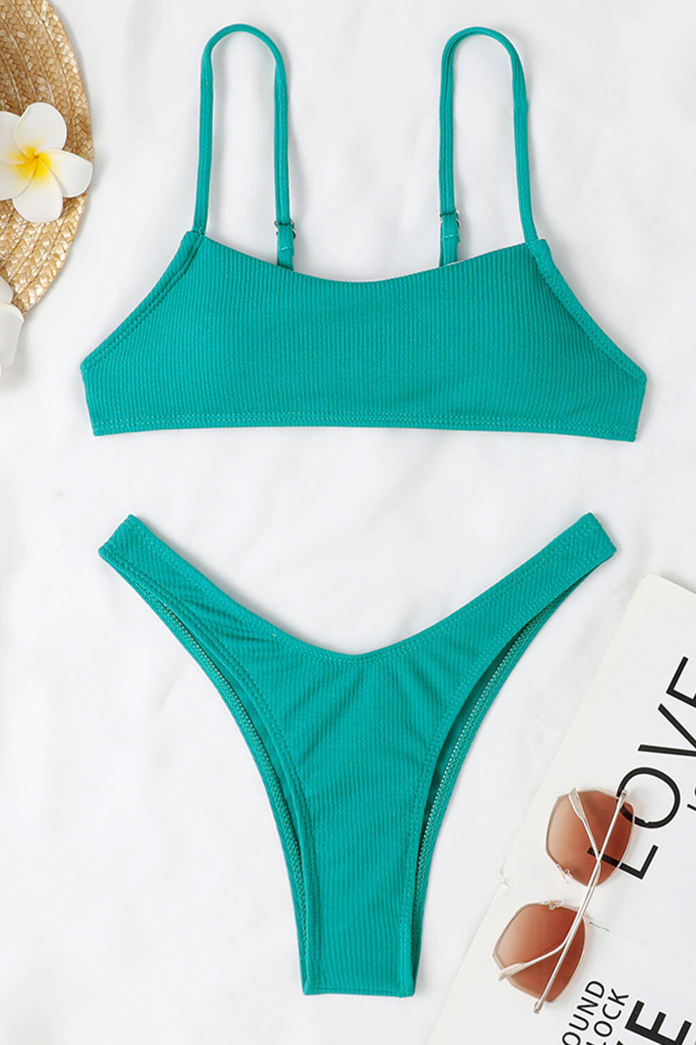 Ribbed Scoop High-Leg Cheeky Bikini Set - Hot Pink/Yellow/Jade Green/Red