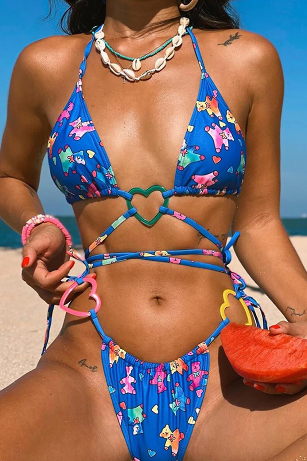 Bear Print Triangle Halter Wrap Around Bikini Set With Heart Ring Detail - Blue/Black