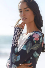 Floral Marble Print Contrasted Long Sleeve One Piece Swimsuit