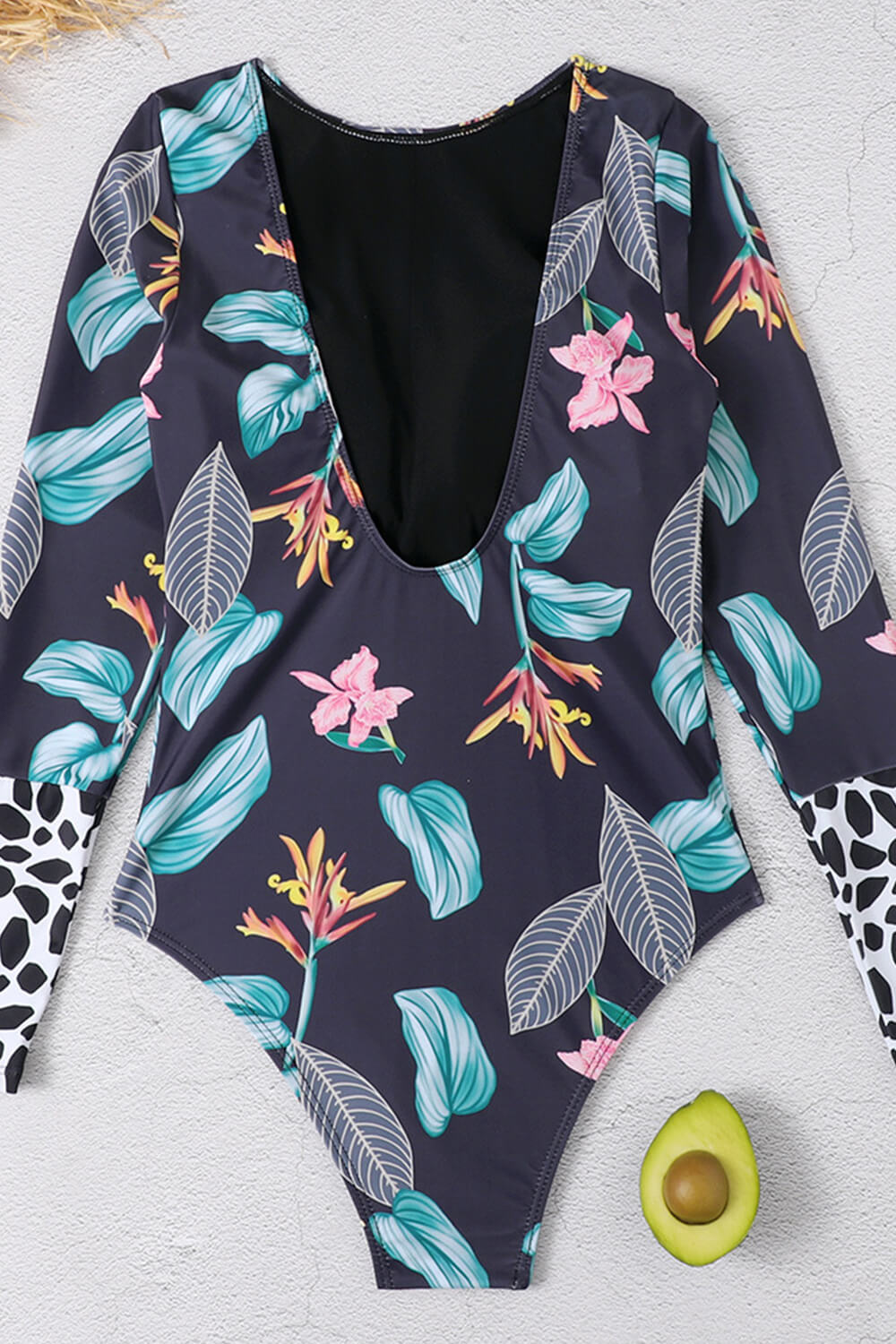 Floral Marble Print Contrasted Long Sleeve One Piece Swimsuit