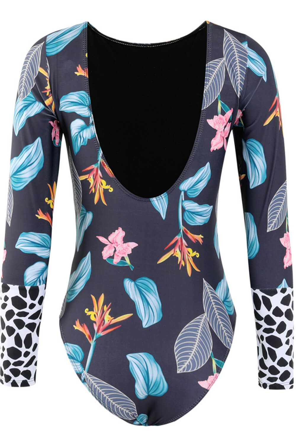 Floral Marble Print Contrasted Long Sleeve One Piece Swimsuit