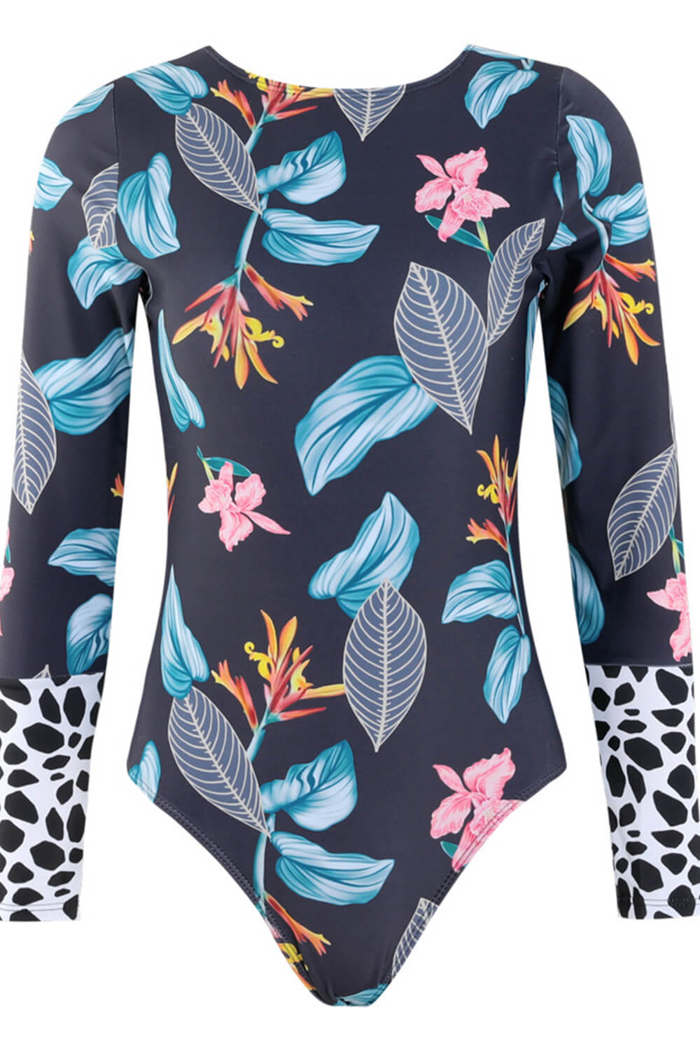 Floral Marble Print Contrasted Long Sleeve One Piece Swimsuit