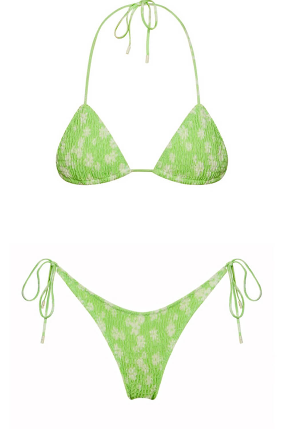 Lime Floral Crinkle Halter Tie Side Bikini Set
