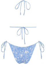 Light Blue Leaves Print Crinkle Halter Tie Side Bikini Set