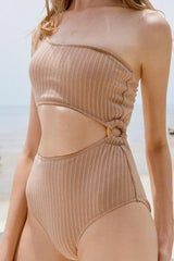 Ribbed Cut Out One Shoulder One Piece Swimsuit - White/Lilac/Olivedrab/Tan