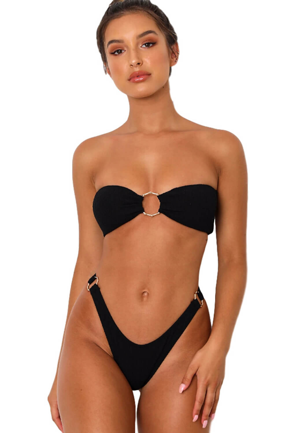Ribbed Bandeau High Leg Bikini Set With O-Ring Detail - White/Pink/Orange/Black/Plum