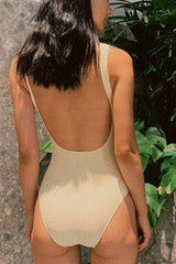 Cream Textured Knotted Cut Out One Piece Swimsuit