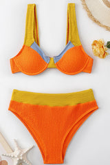 Colorblock Crinkle Underwire High Waisted Bikini Set