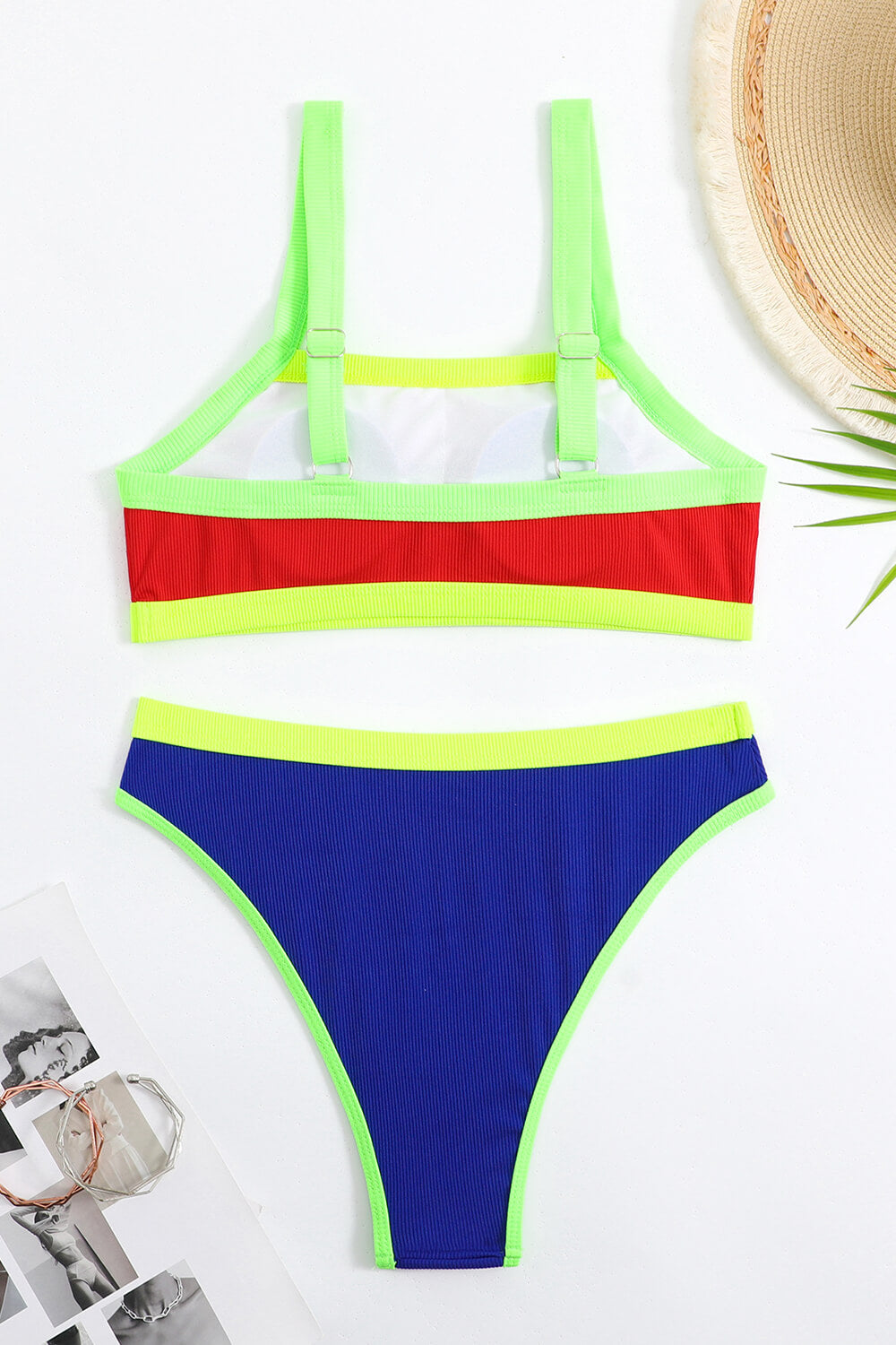 Colorblock Ribbed Bandeau High Waisted Bikini Set
