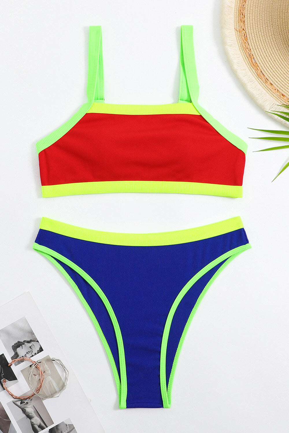 Colorblock Ribbed Bandeau High Waisted Bikini Set