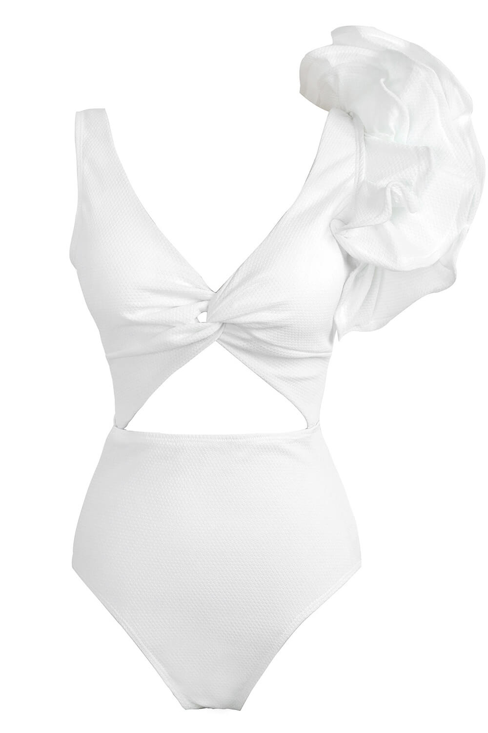 White Textured Ruffled Twisted Cut-Out One-Piece Swimsuit