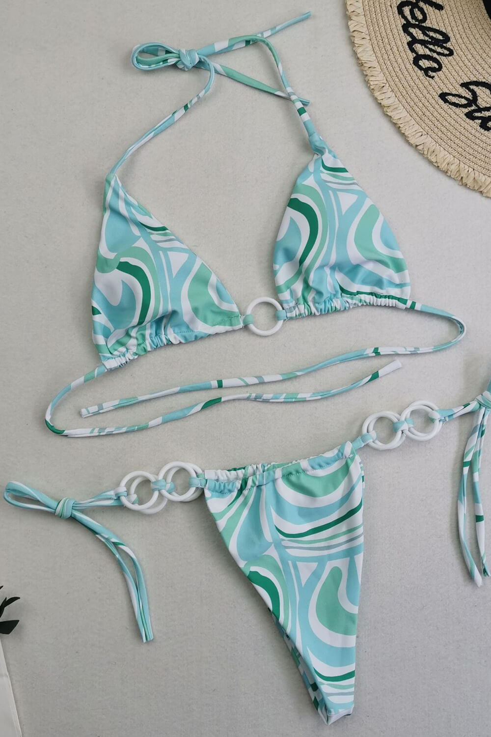 Vintage Patterned Triangle Halter Tie Side Bikini Set With O-Ring Detail