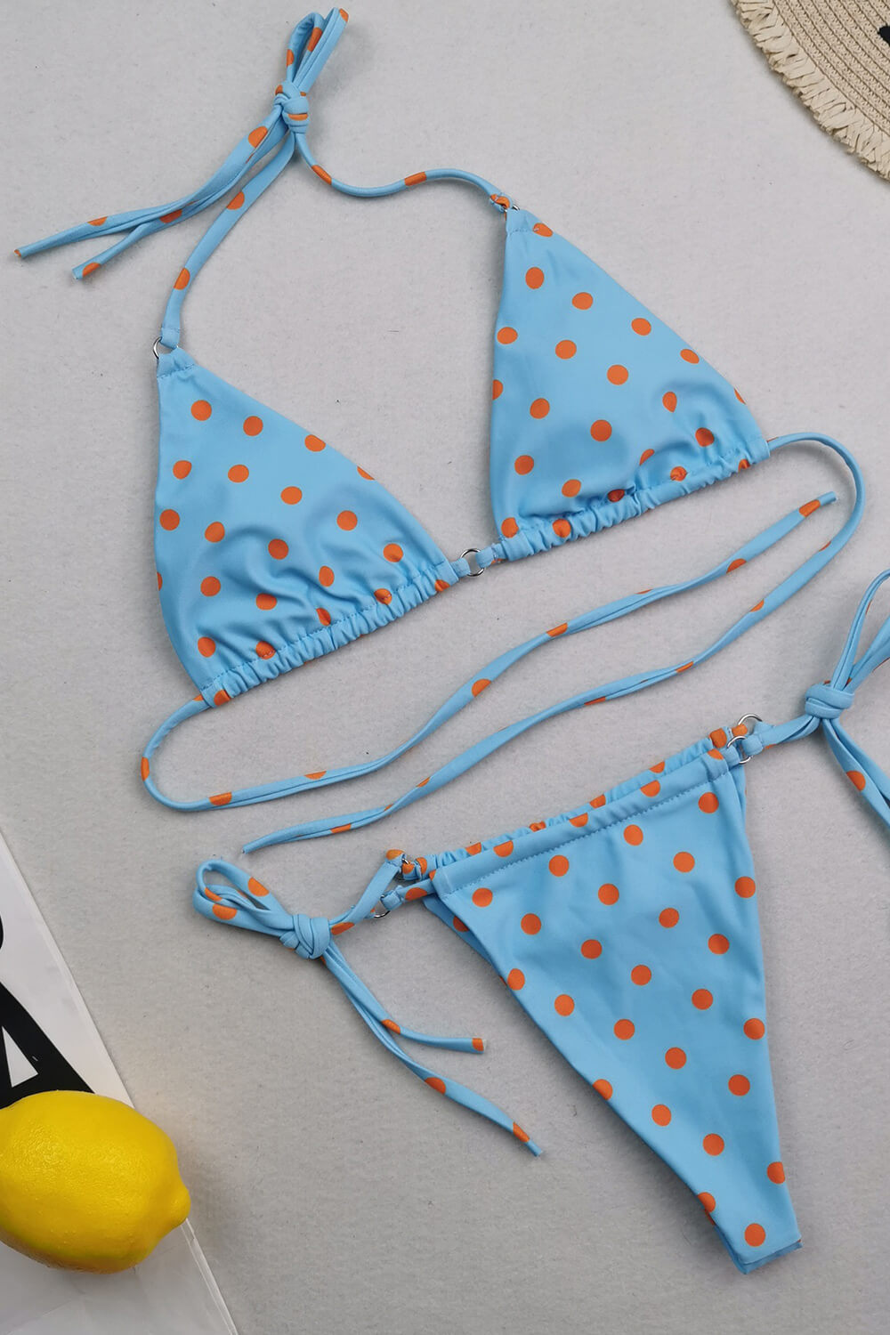 Halter Triangle Tie Side Bikini Set With Ring Detailing - Blue Polka Dots