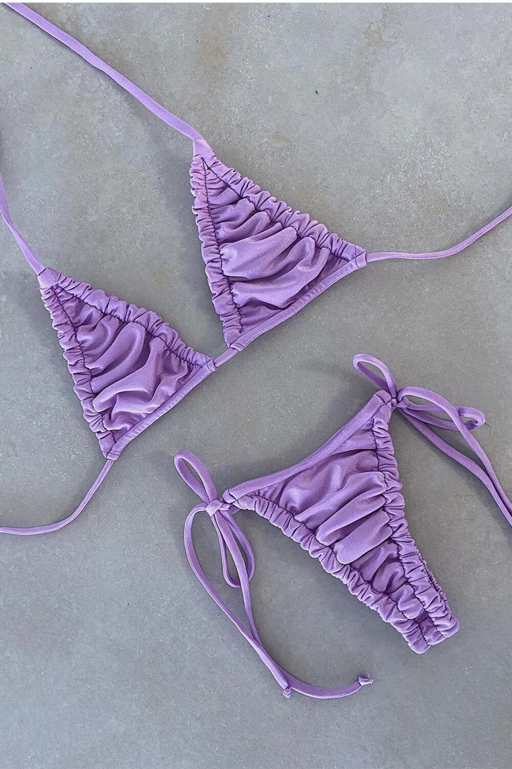 Ruched Triangle Halter String Tie Side Bikini Set