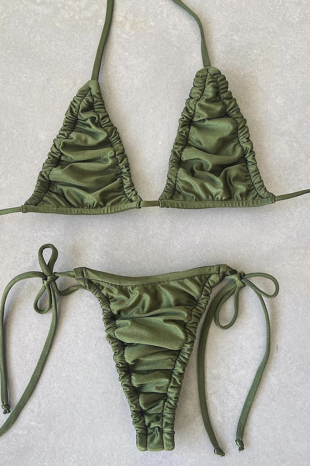Ruched Triangle Halter String Tie Side Bikini Set